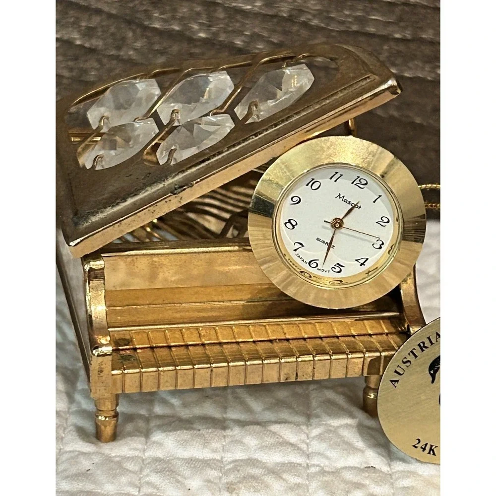 Vintage 24K Gold Plate Austrian Crystal Grand‎ Piano Figure Mascot W/clock